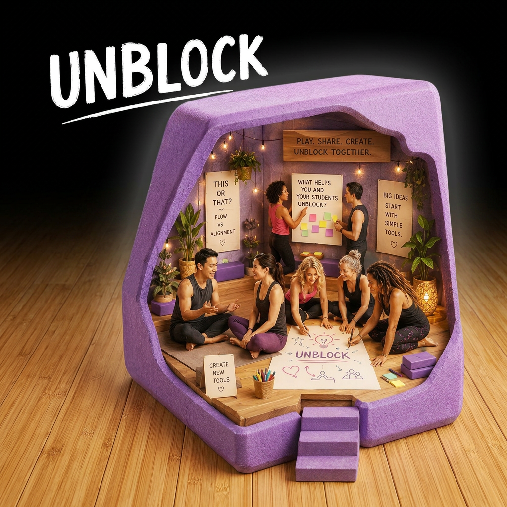 Yoga teachers collaborating inside a giant purple yoga block, designing new unblocking tools